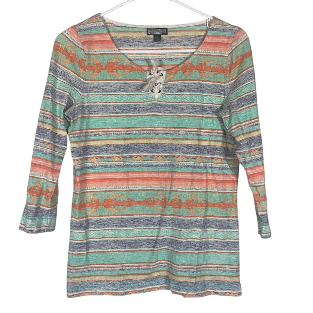 Lauren Ralph Lauren Women's small colorful Aztec Print Tie Neck 3/4 Sleeve Top
